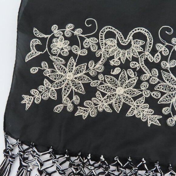 April Cornell Black Cream Embroidered Floral Flower Fringe All Silk Scarf Wrap - Picture 2 of 7